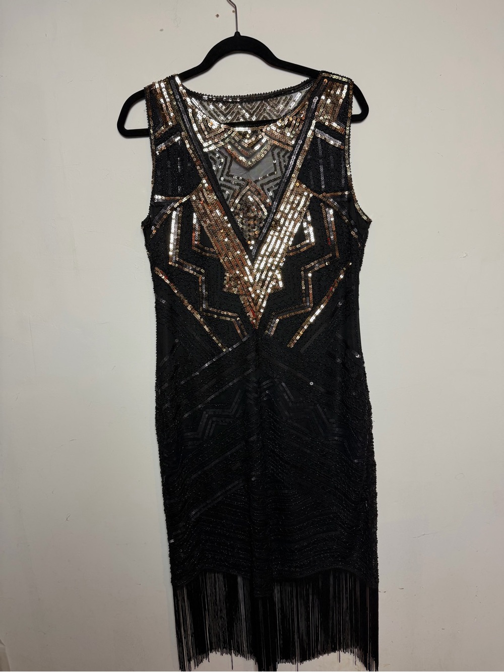 Black Gold Sequin Flapper Dress XL Art Deco Fringe Gatsby 1920s Cocktail